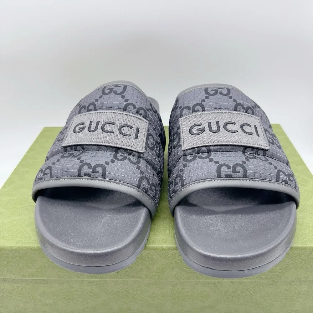 GUCCI Mens GG LOGO Ripstop Monogram Gray Slides Sandals 771466 Men UK 12 US 12.5